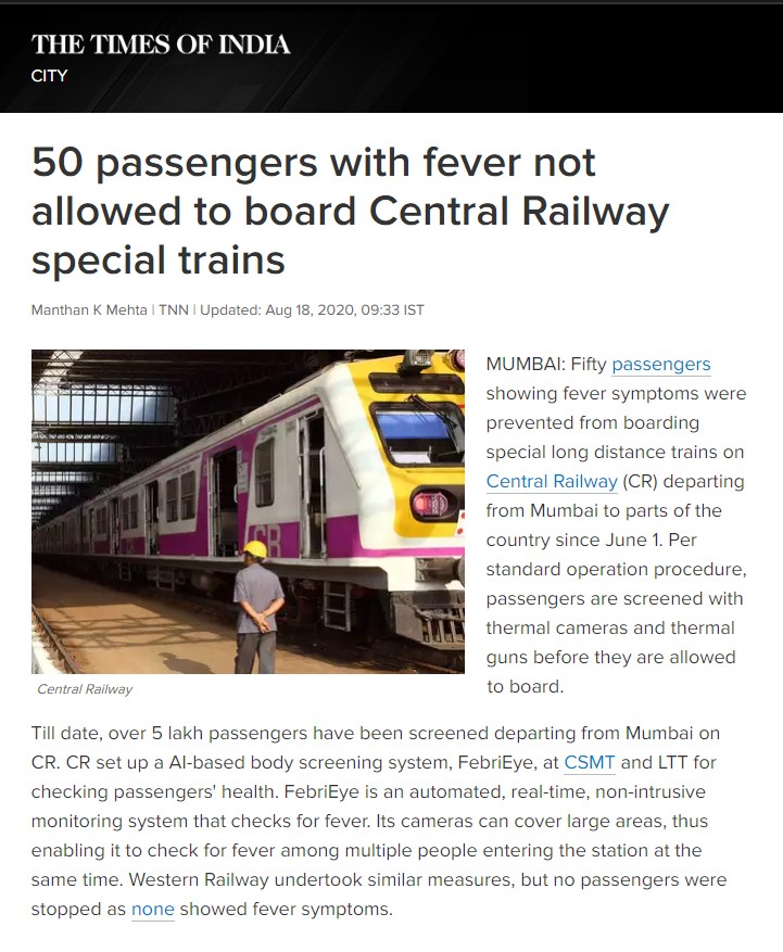 TOI covers Central Railway news related to FebriEye, an AI based temperature screening system
